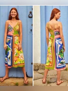 Farm Rio Double Scarves Midi Dress XS Colorblock Tropical 🌴 Cutout Button Front